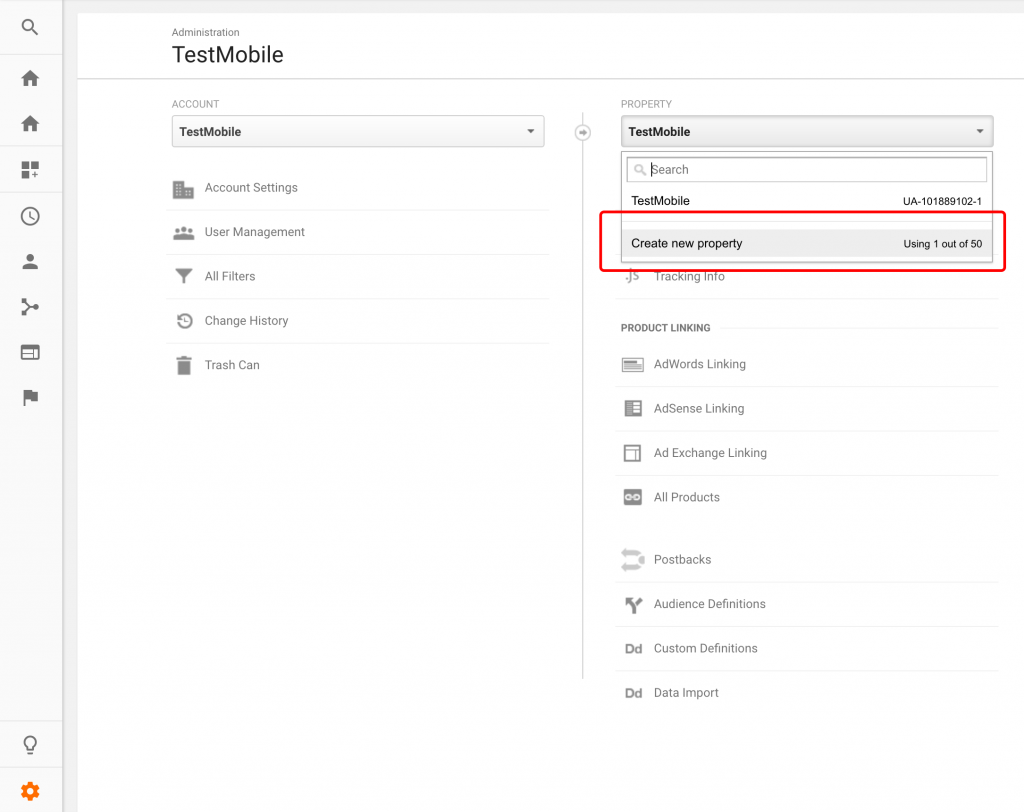 Ionic Google Analytics create property