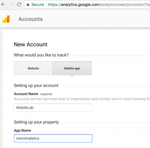 Ionic Google Analytics setup property