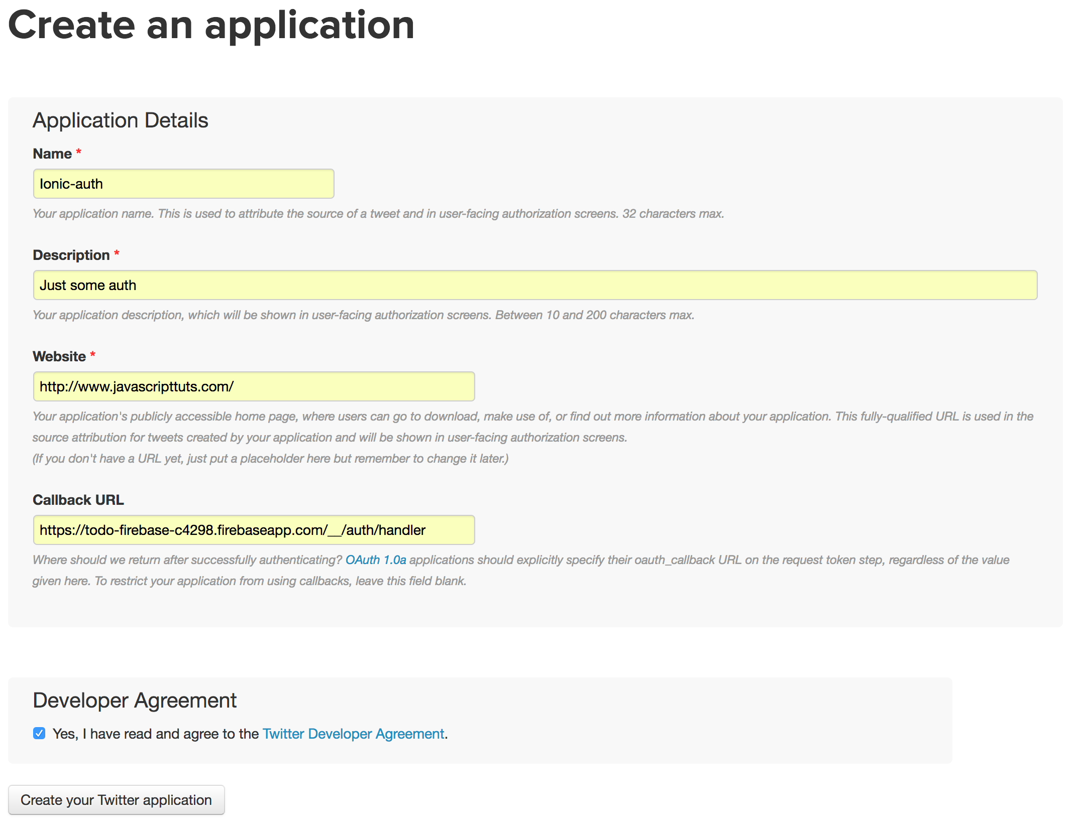 ionic twitter firebase oauth create app